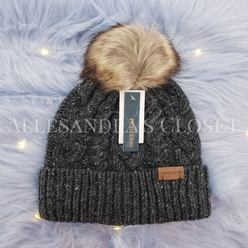 Pendleton Hat Beanie Black Merino Wool Alpaca Blend Knit Faux Fur Cottagecore